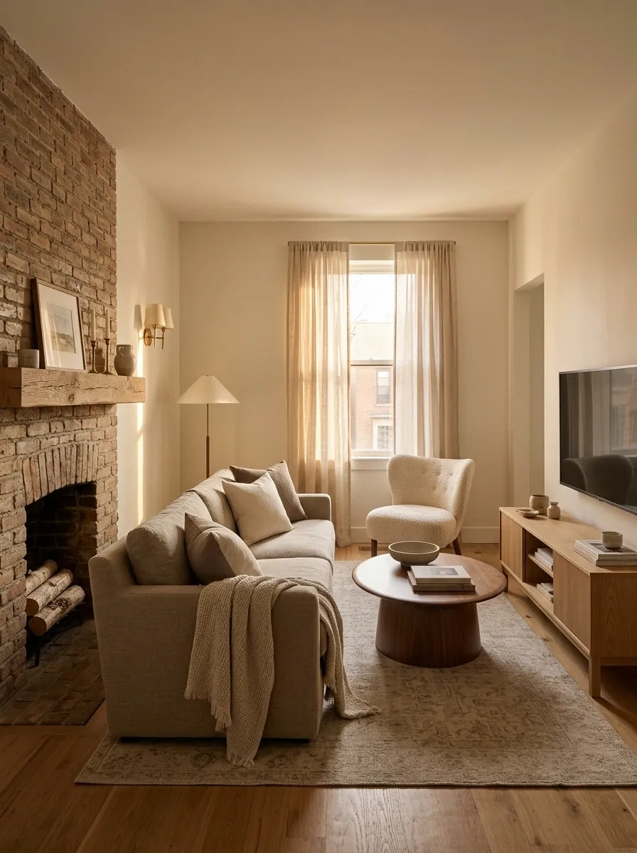 Compact Living Room With a Perpendicular Fireplace and Narrow Media Console