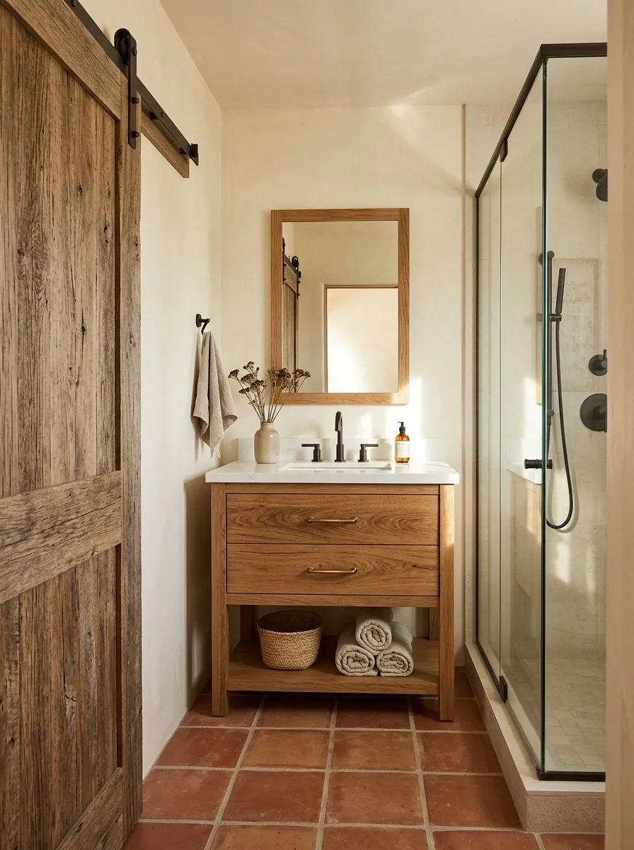 Compact Ranch Bathroom With a Sliding Barn Door