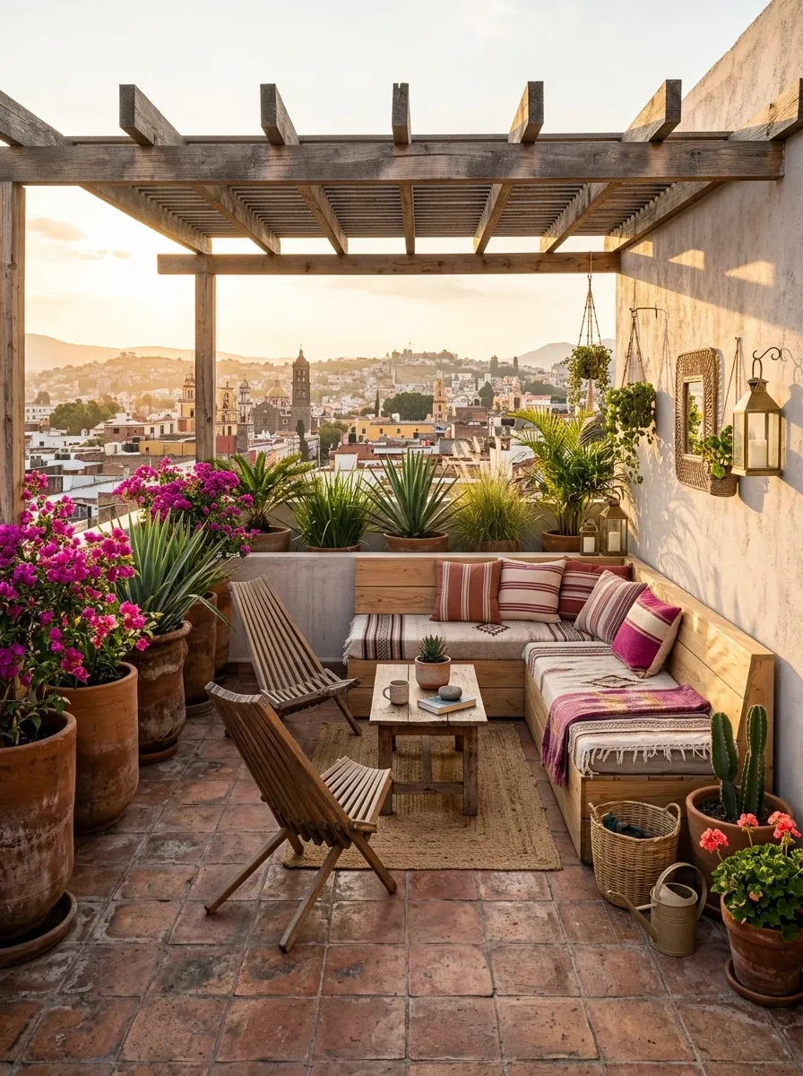 Compact Rooftop Mexican Patio With Terracotta and Bougainvillea