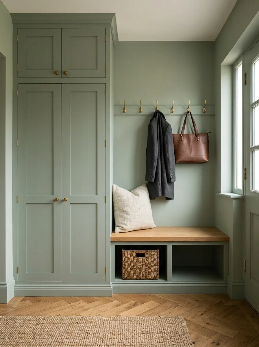 Compact Sage Mudroom Entry With Closed Shoe Storage