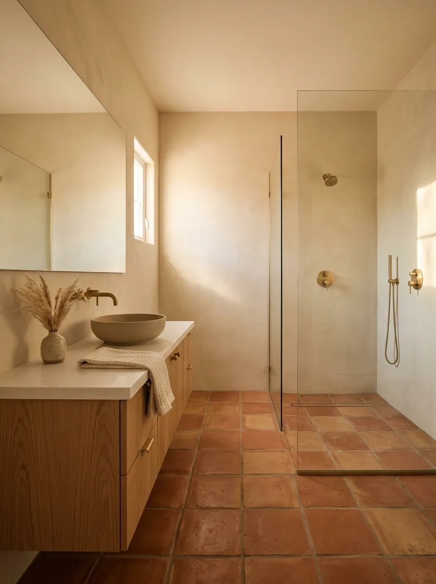 Compact Southwestern Bathroom With Continuous Clay Tile