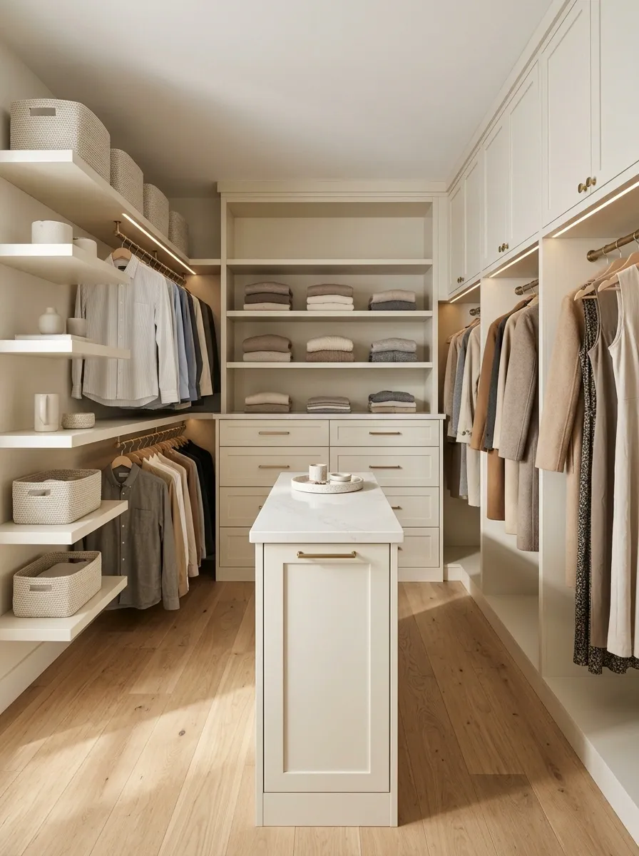 Compact U-Shaped Walk-In Closet With a Clear Center