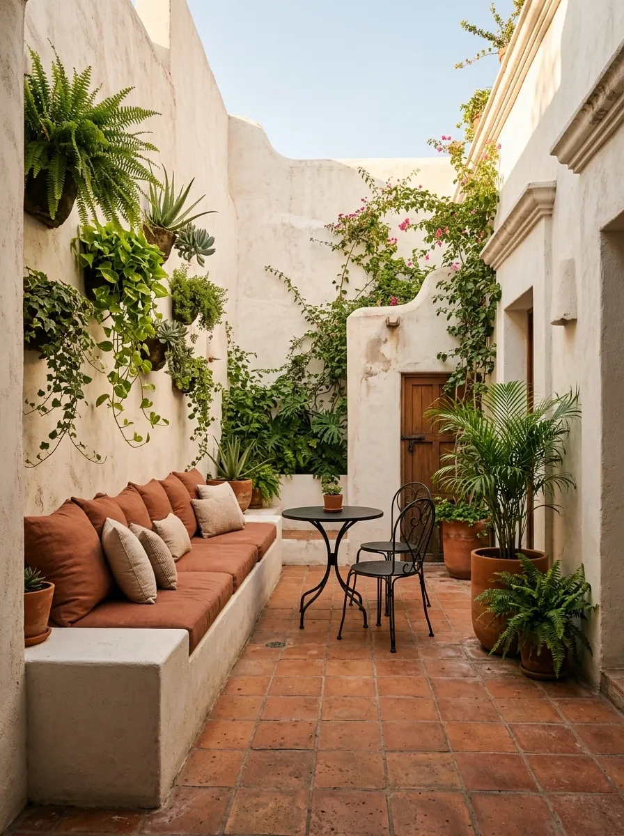 Compact Urban Mexican Backyard With a Built-In Bench
