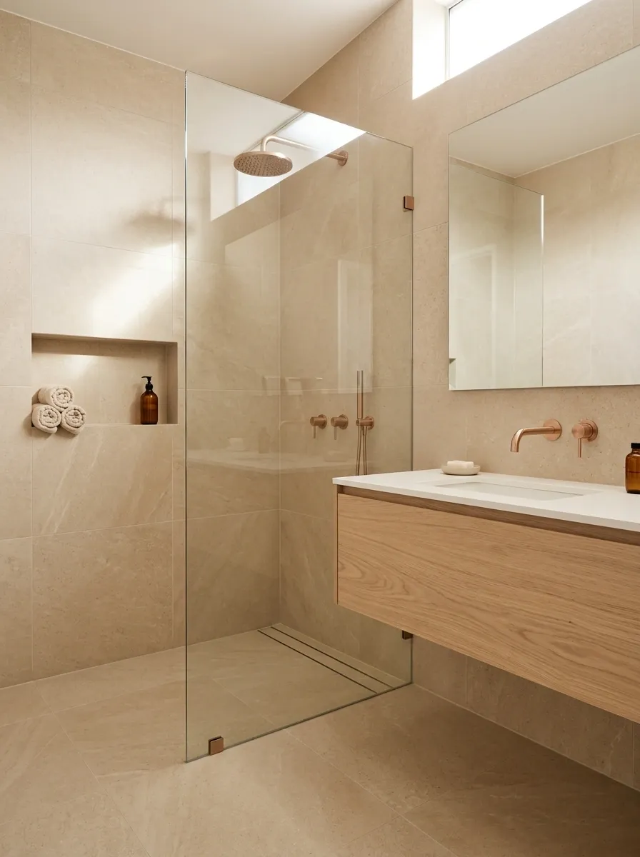 Compact Wet Room With Continuous Tile and Rose Gold Fittings