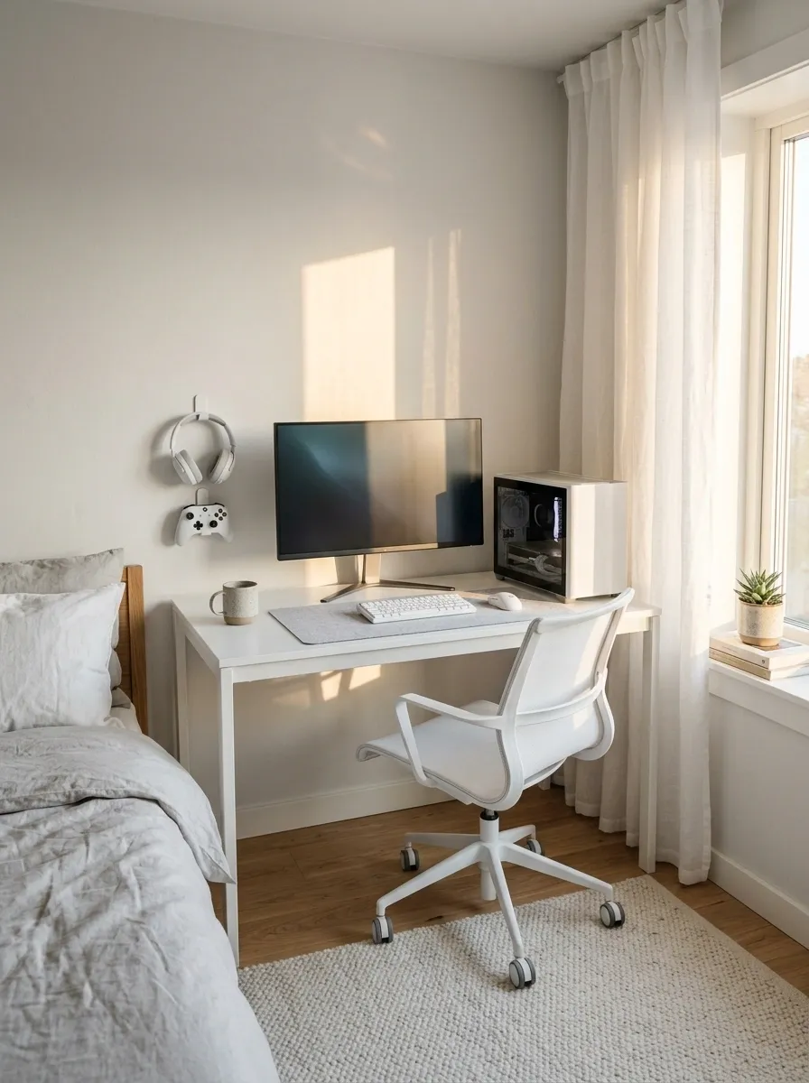 Compact White Gaming Desk Beside a Window