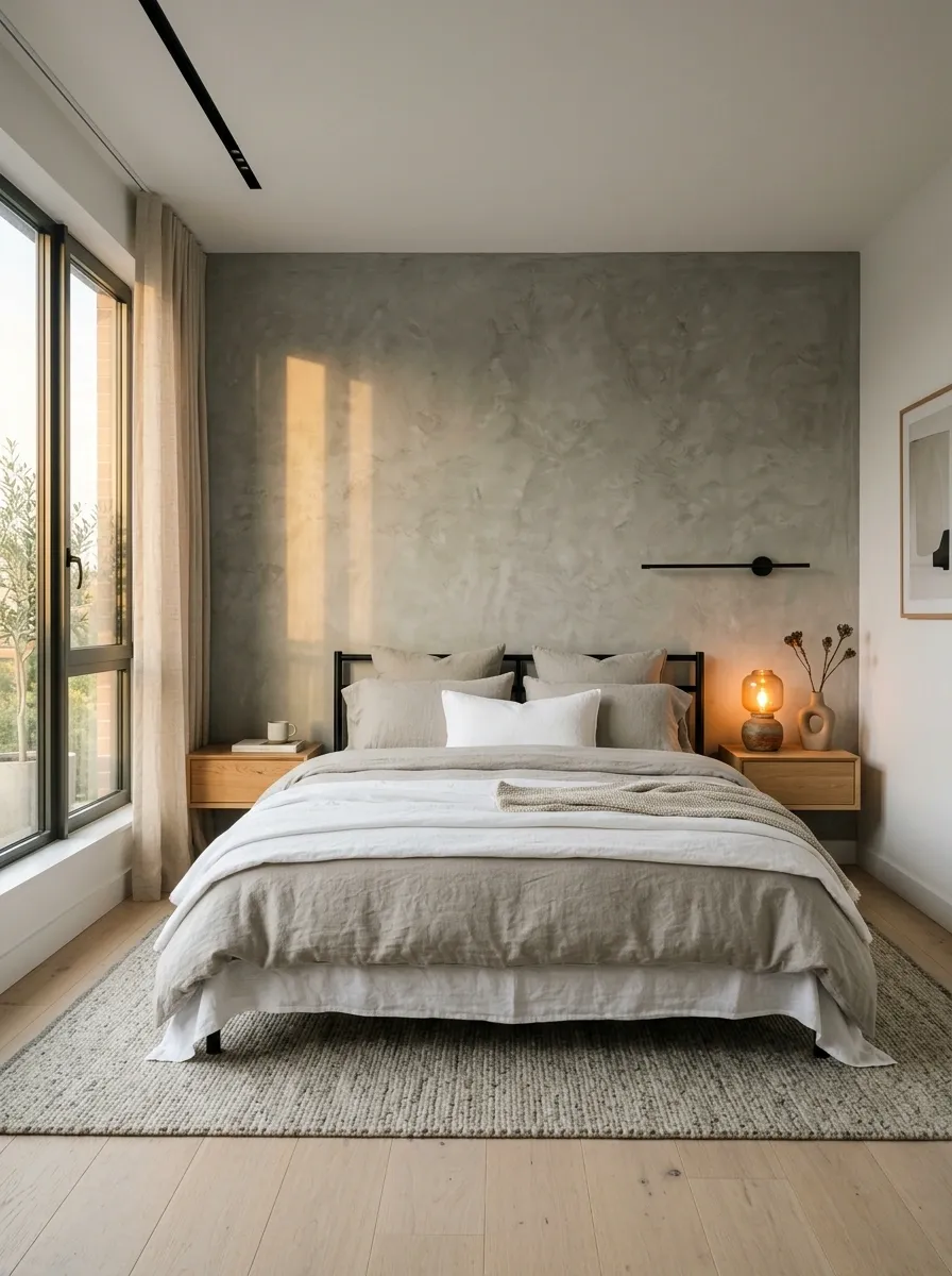 Concrete and Linen Urban Minimalist Bedroom