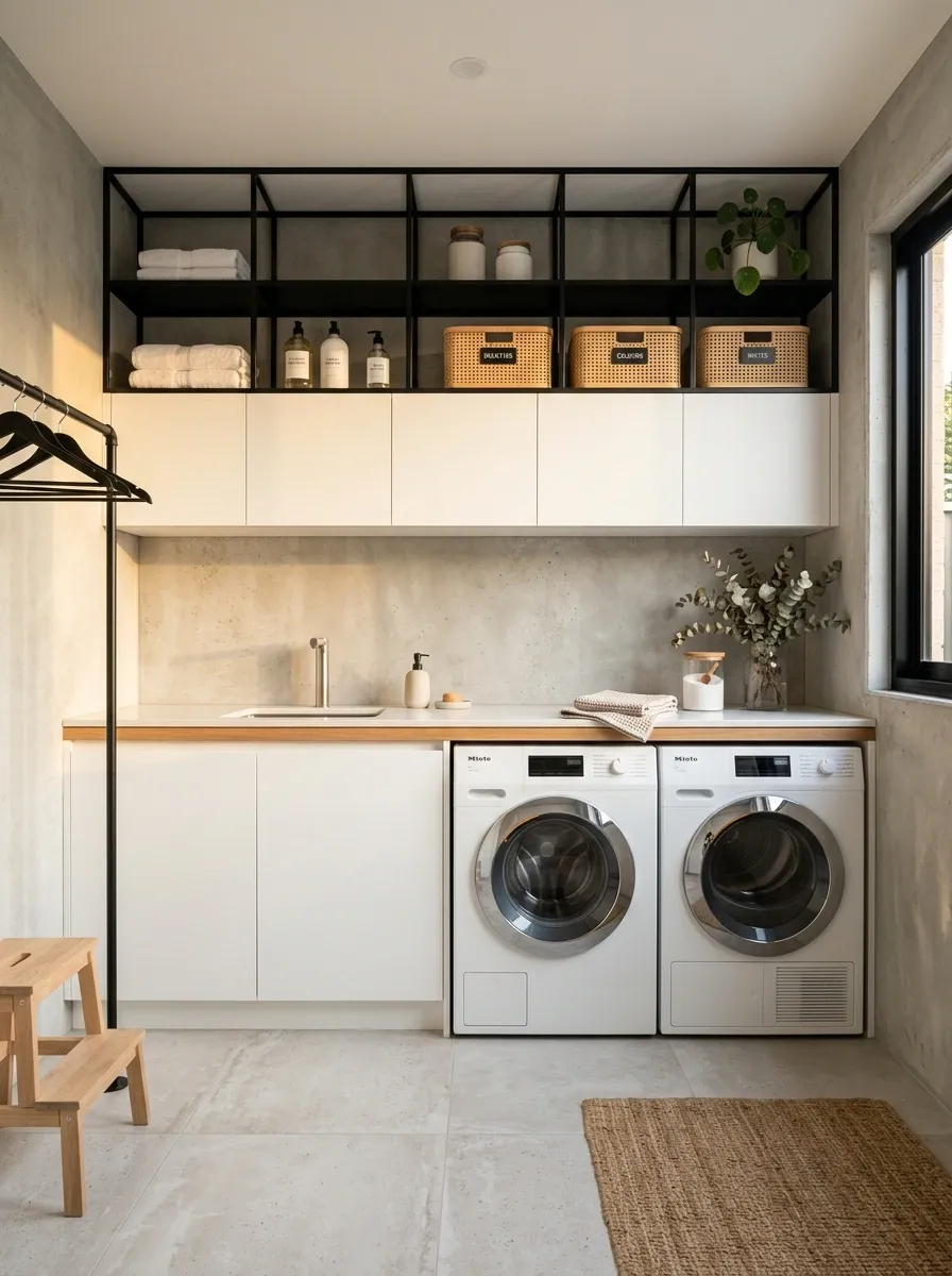 Concrete and White Laundry Room With Black Metal Shelving