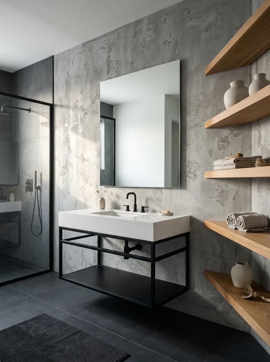 Concrete-Effect Wallpaper With Industrial Black Metal Details