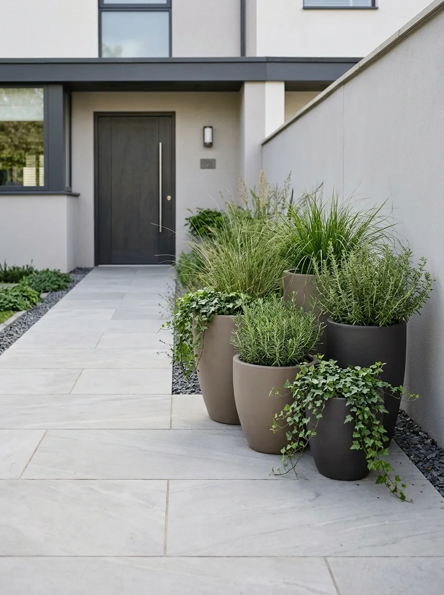 Container Front Garden With a Grouped Planting Corner and Open Paving