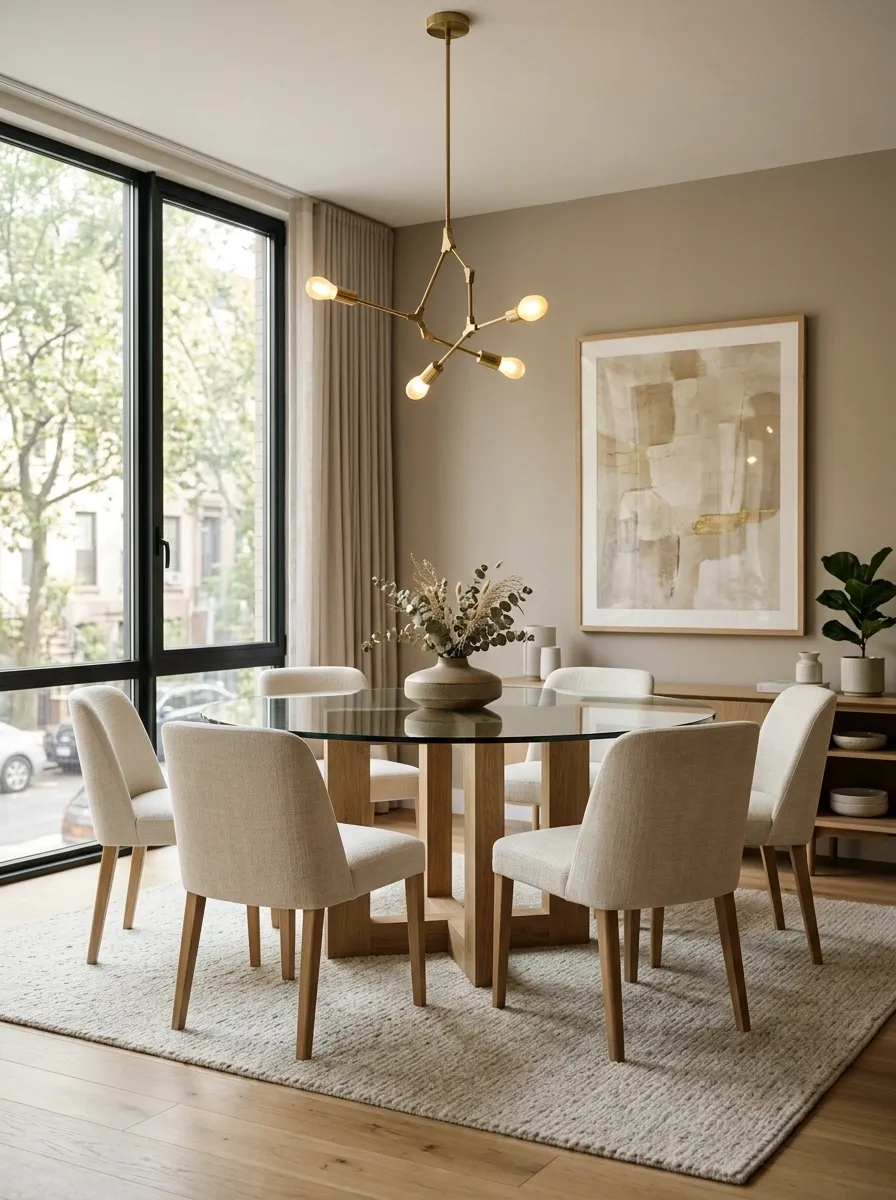 Contemporary Apartment Dining Room With Glass, Oak, and Sculptural Lighting