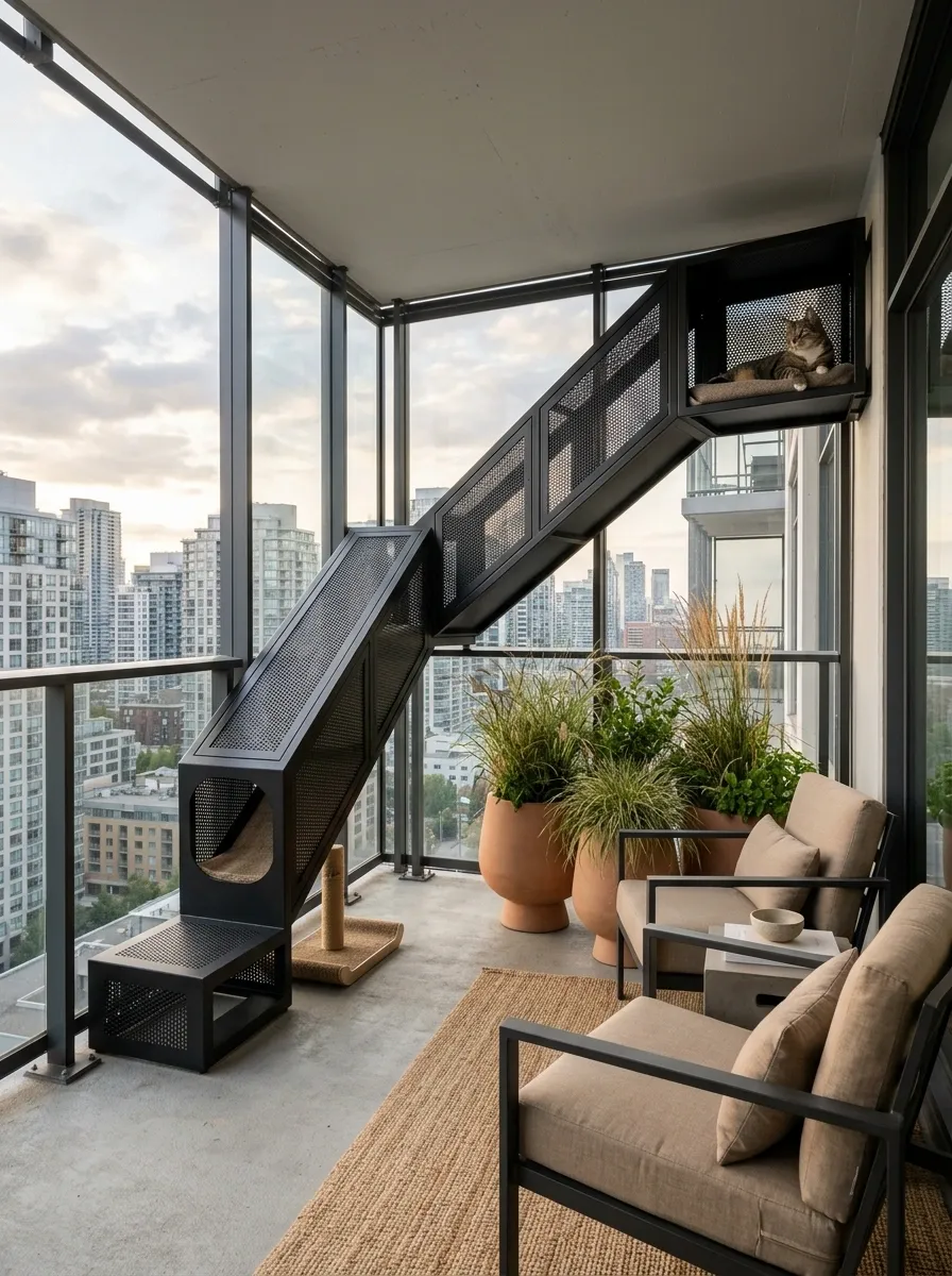 Contemporary Balcony With an Integrated Cat Tunnel