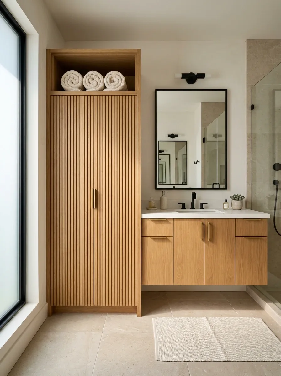 Contemporary Bathroom With Vertical Slatted Towel Storage