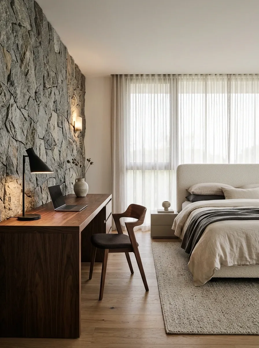Contemporary Bedroom With a Stone-and-Walnut Desk Wall