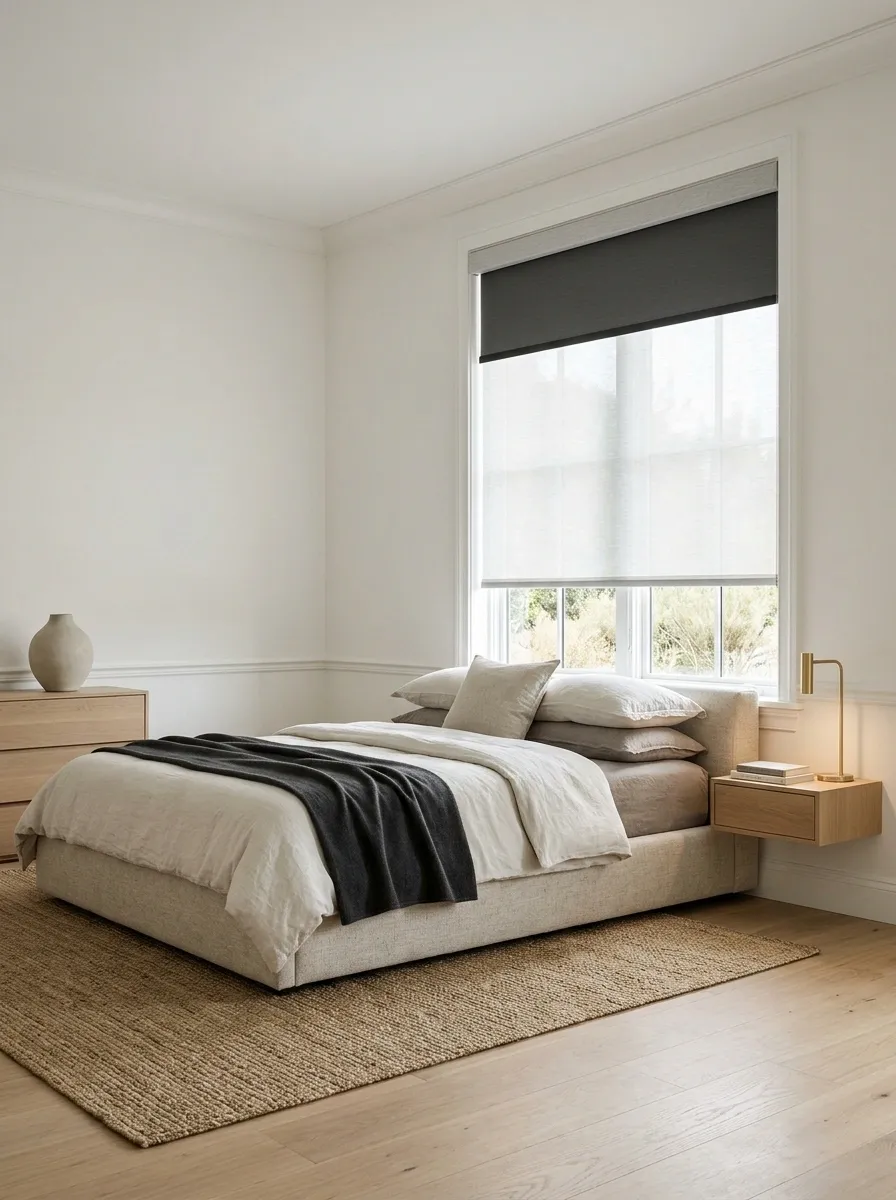 Contemporary Bedroom With Dual Roller Shades