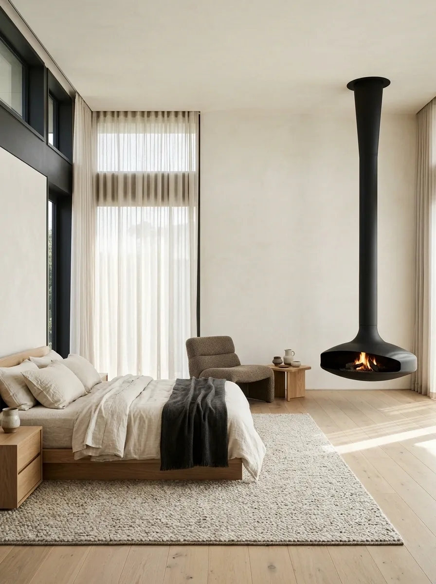 Contemporary Bedroom With Suspended Fireplace and Sculptural Seating