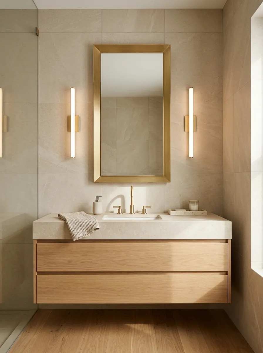 Contemporary Beige Bathroom With Geometric Gold Mirrors