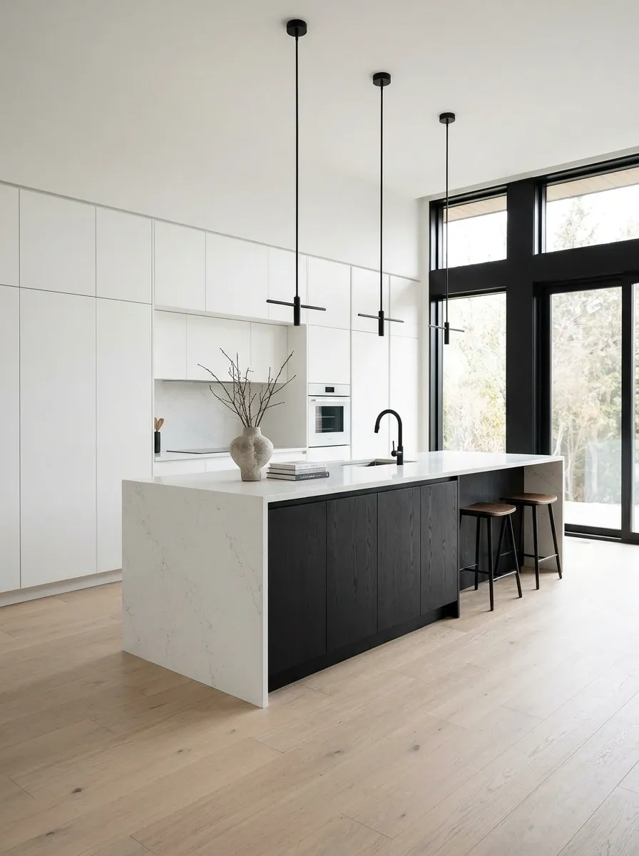 Contemporary Black-and-White Kitchen With Clean Slab Cabinets