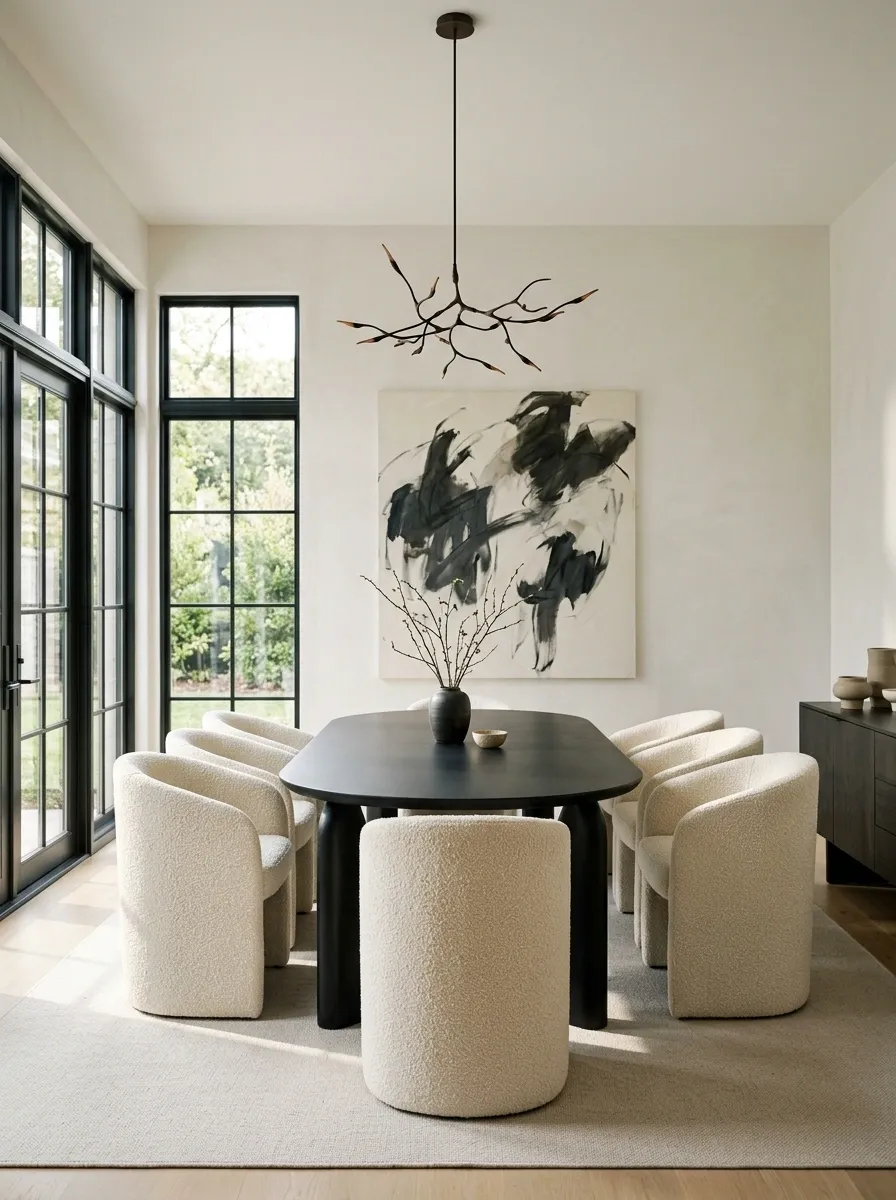 Contemporary Black Oval Table With Cream Bouclé Seating