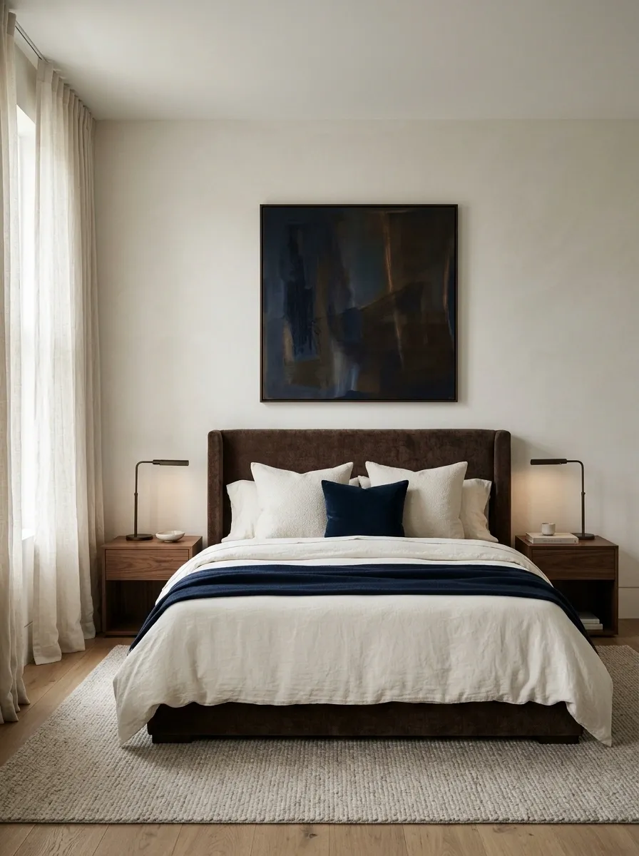 Contemporary Chocolate Bedroom With Midnight Blue Accents