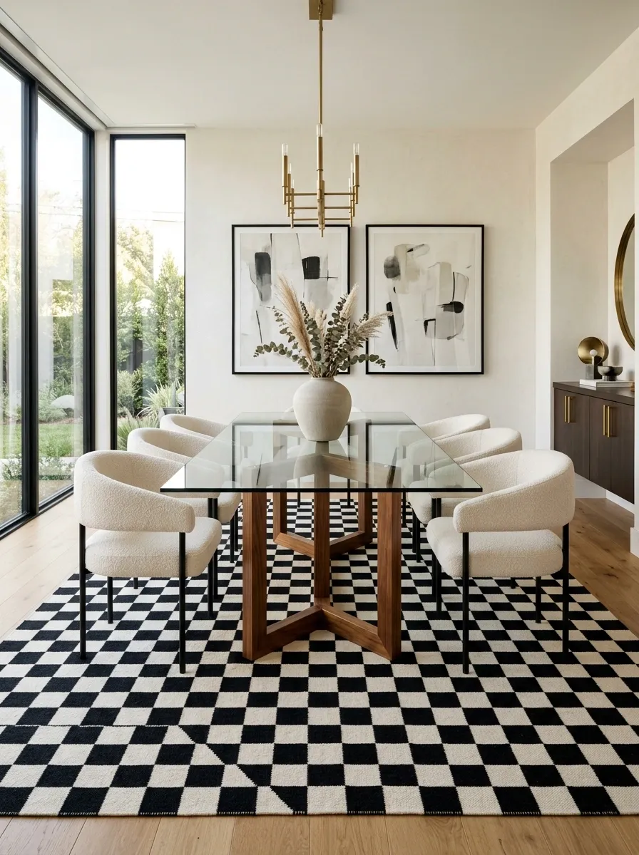 Contemporary Dining Room With a Checkerboard Rug