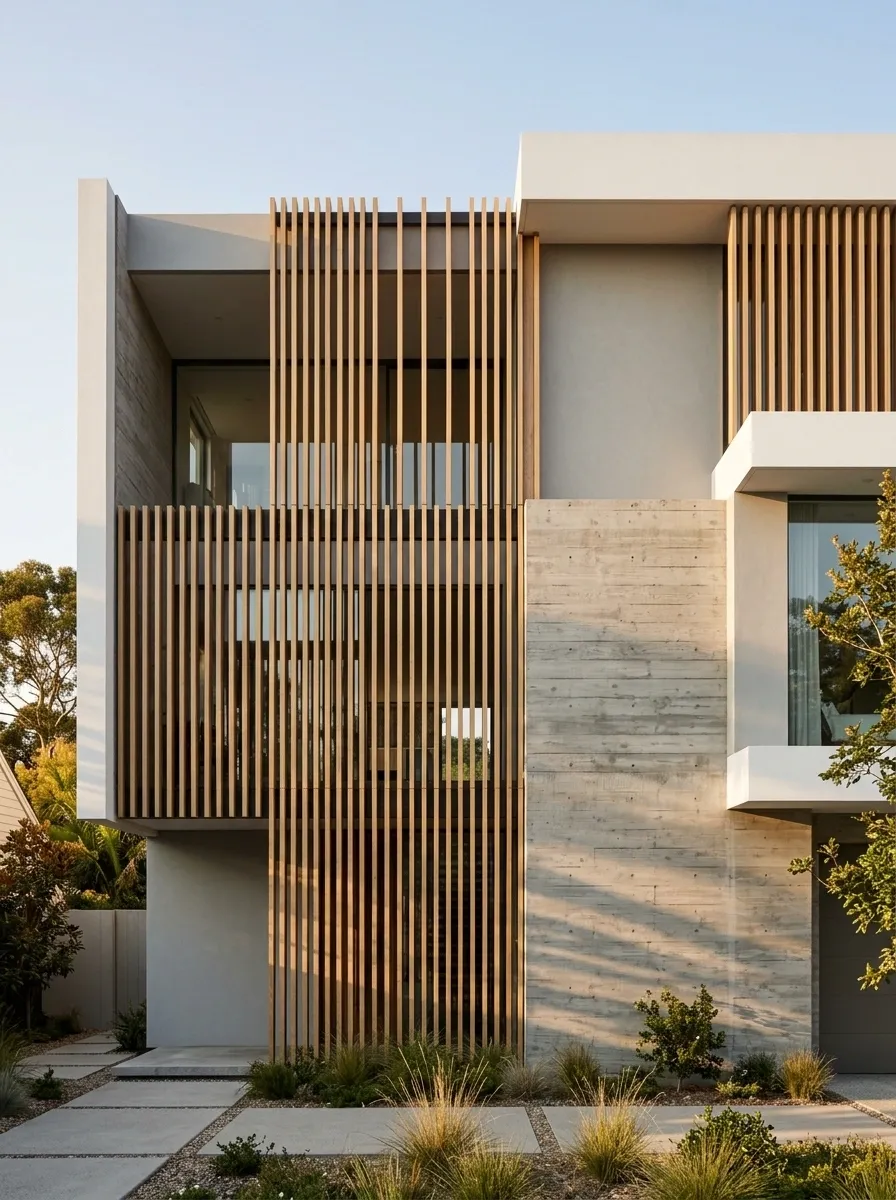 Contemporary Facade With Full-Height Vertical Sun Screens
