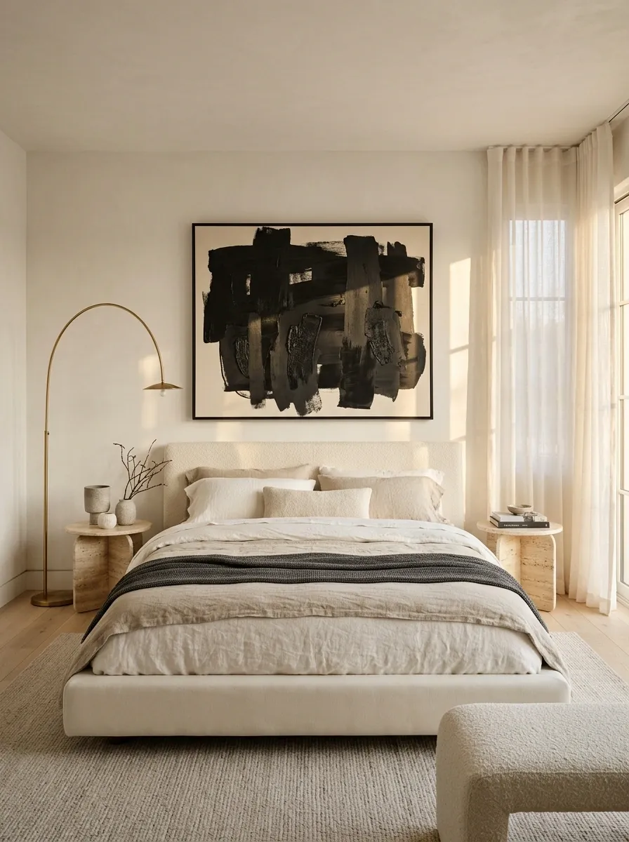Contemporary Feminine Bedroom With Oversized Black Artwork