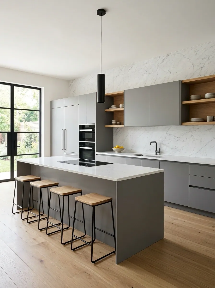 Contemporary Gray Cabinets With a White Slab Backsplash