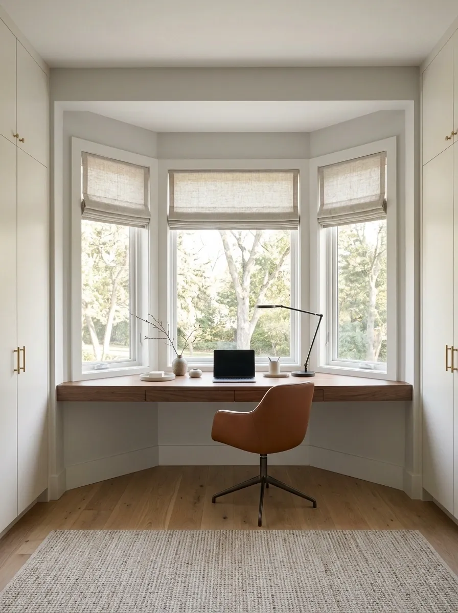Contemporary Home Office With a Desk That Follows the Bay