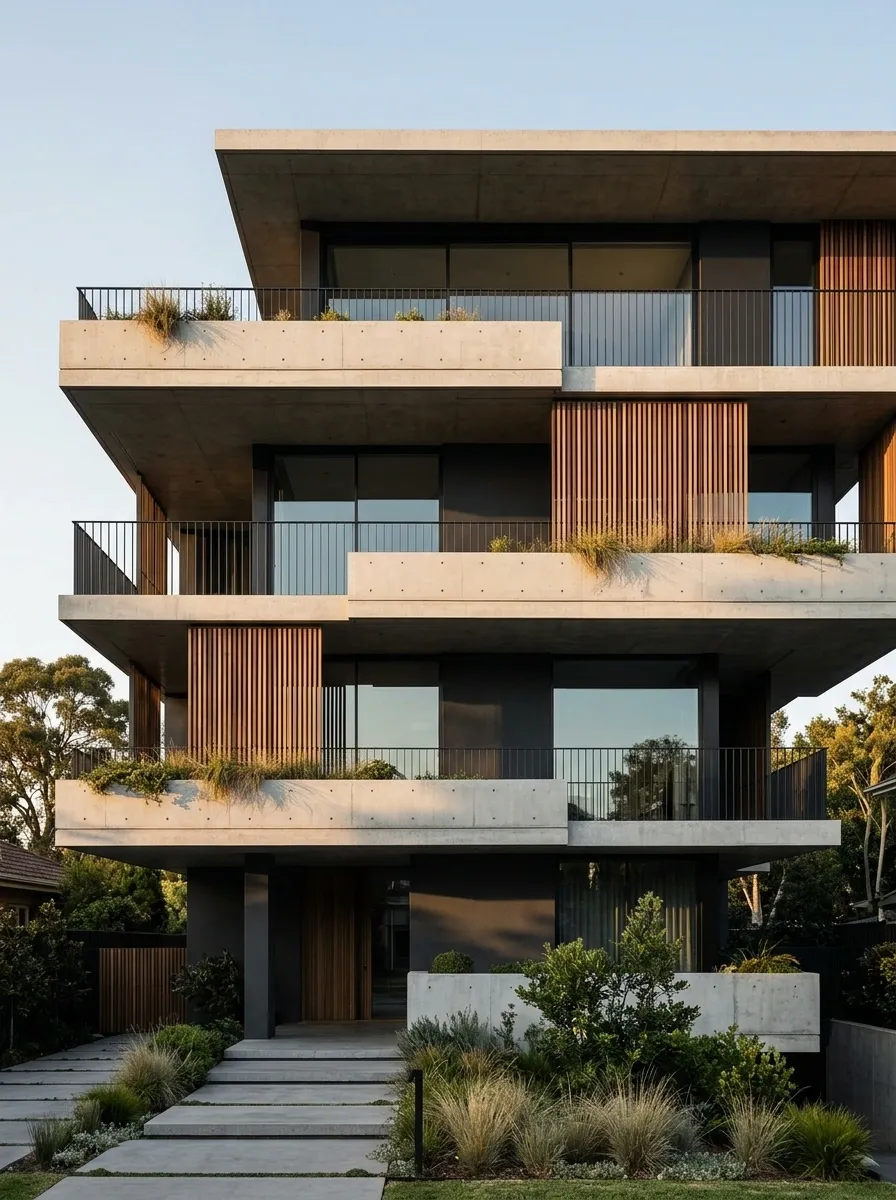 Contemporary House With Cantilevered Balconies and Layered Privacy