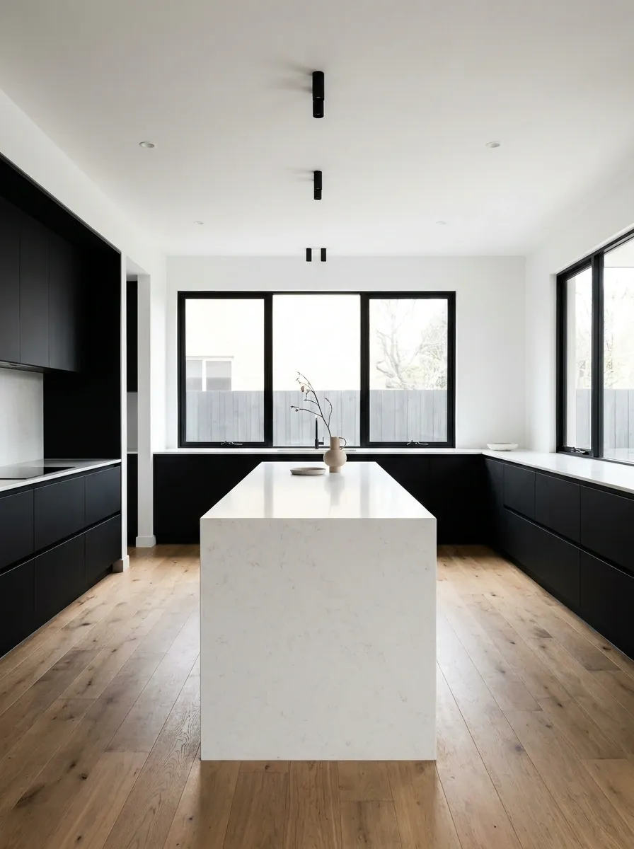 Contemporary Kitchen With a White Waterfall Island