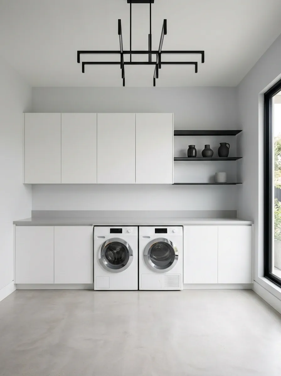 Contemporary Laundry Room With Slab Doors and Sculptural Lighting