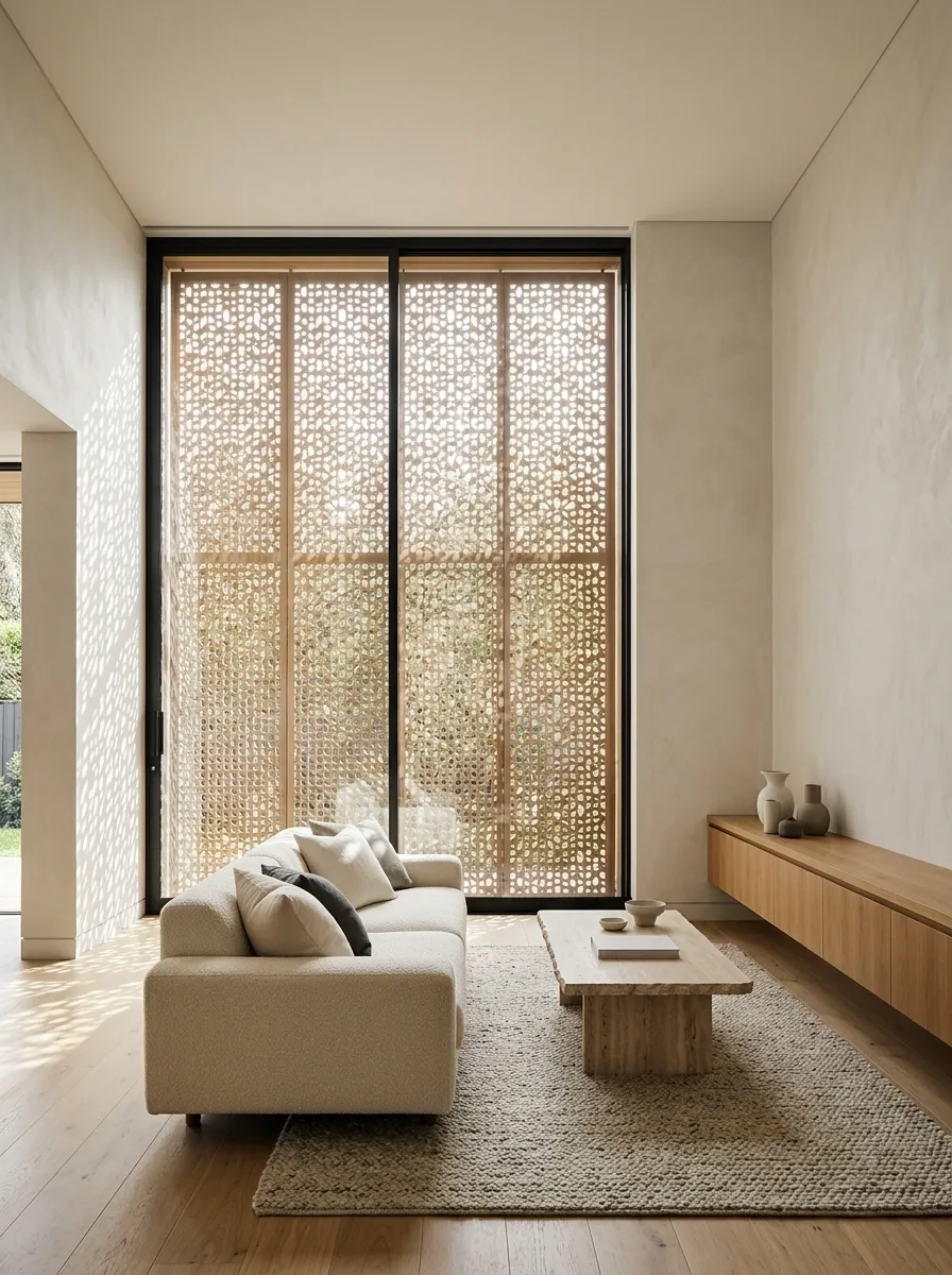 Contemporary Living Room With a Decorative Perforated Window Screen