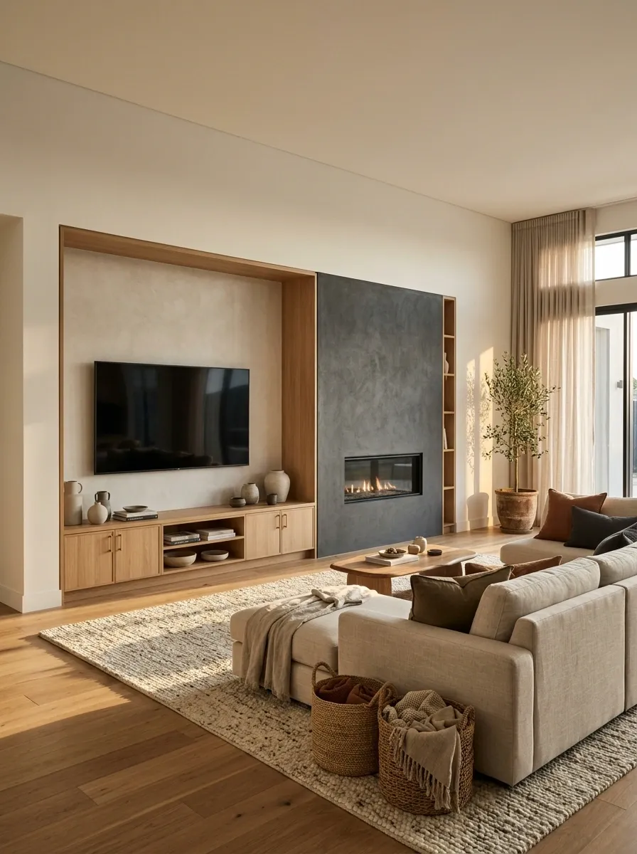 Contemporary Living Room With the TV Beside the Fireplace