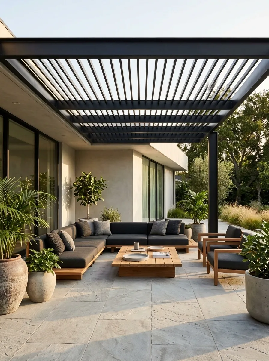 Contemporary Patio With a Black Steel Pergola