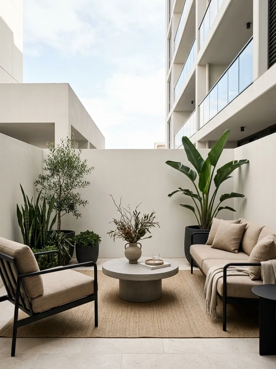 Contemporary Patio With Black-Framed Furniture and Pale Stone Finishes