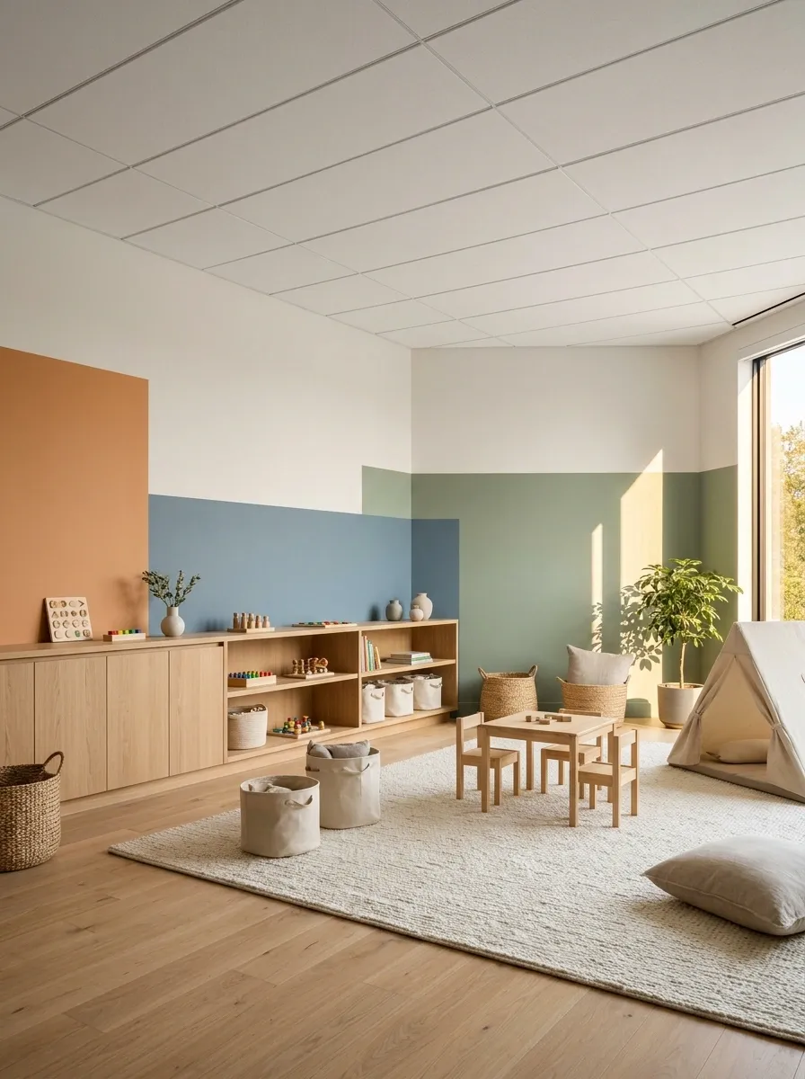 Contemporary Playroom With a Bright Ceiling and Color-Blocked Walls