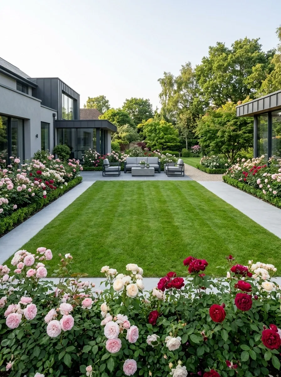 Contemporary Rose Garden With Concrete Edging and Lawn