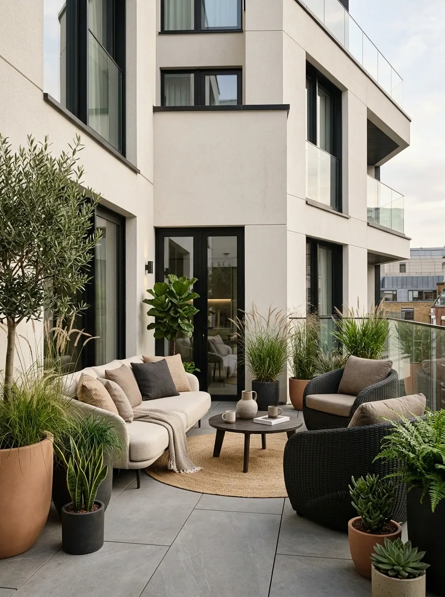 Contemporary Small Patio With Curved Furniture and Oversized Planters