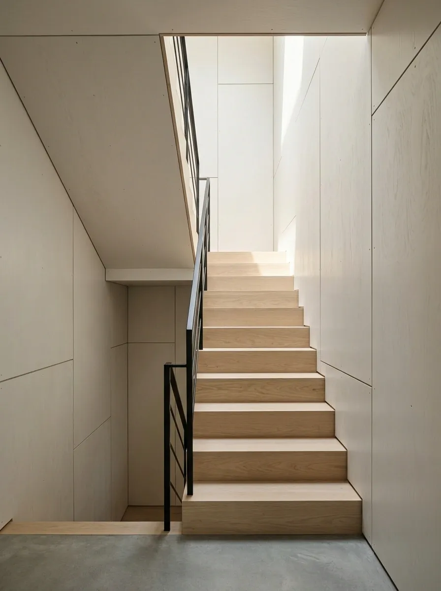 Contemporary Staircase With Painted Plywood Panels and Concrete Flooring
