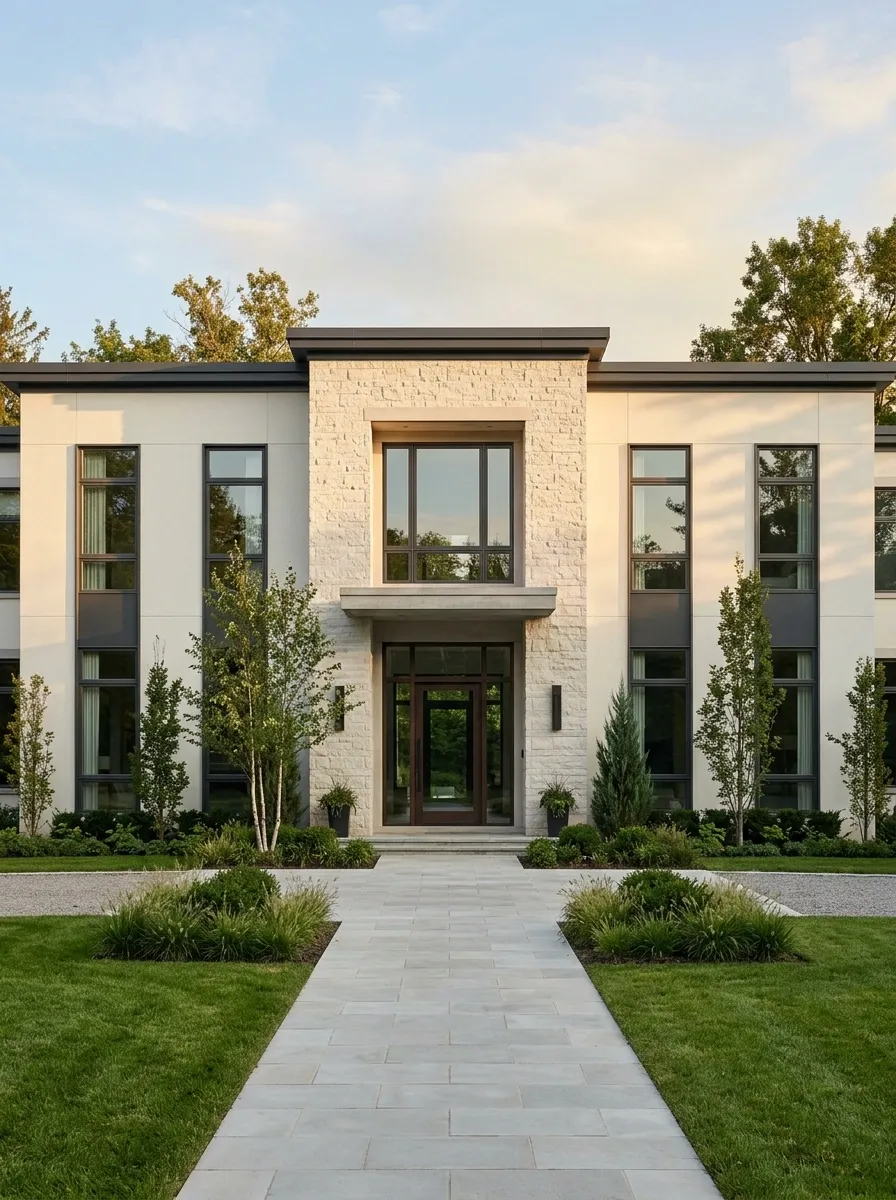 Contemporary Stone and Plaster House With Balanced Symmetry