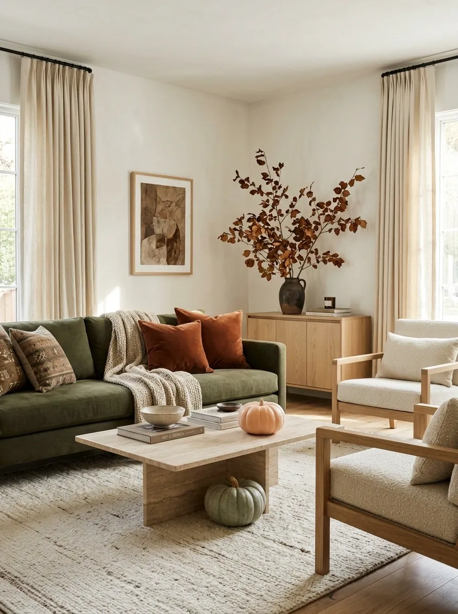 Contemporary Thanksgiving Living Room With Olive and Rust