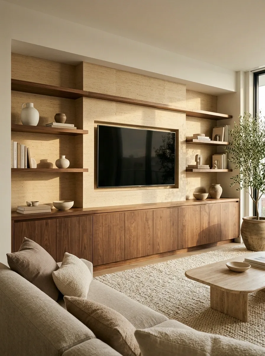 Contemporary Walnut Media Wall With Textured Sand Wallpaper