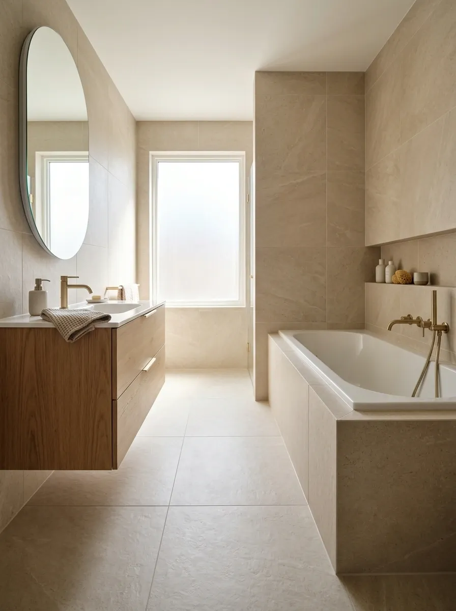 Continuous Beige Tile From Floor to Bathtub Surround