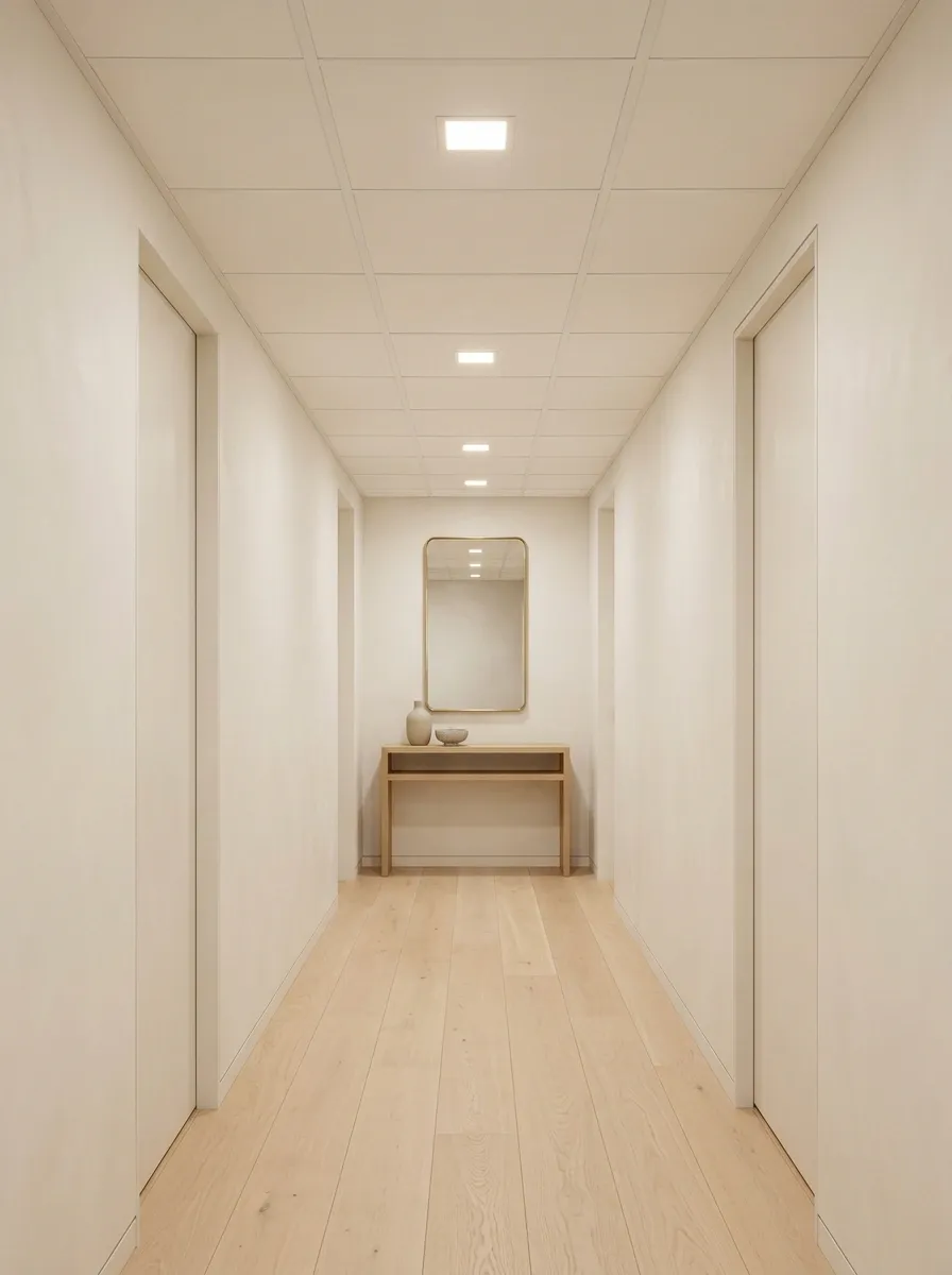 Continuous Pale Ceiling in a Narrow Basement Hallway