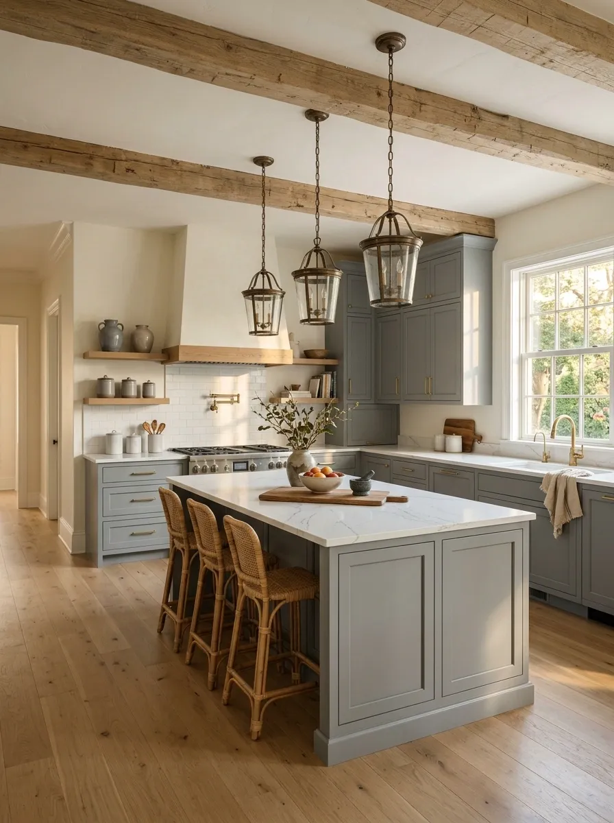 Cool Gray Cabinets With Warm White Walls