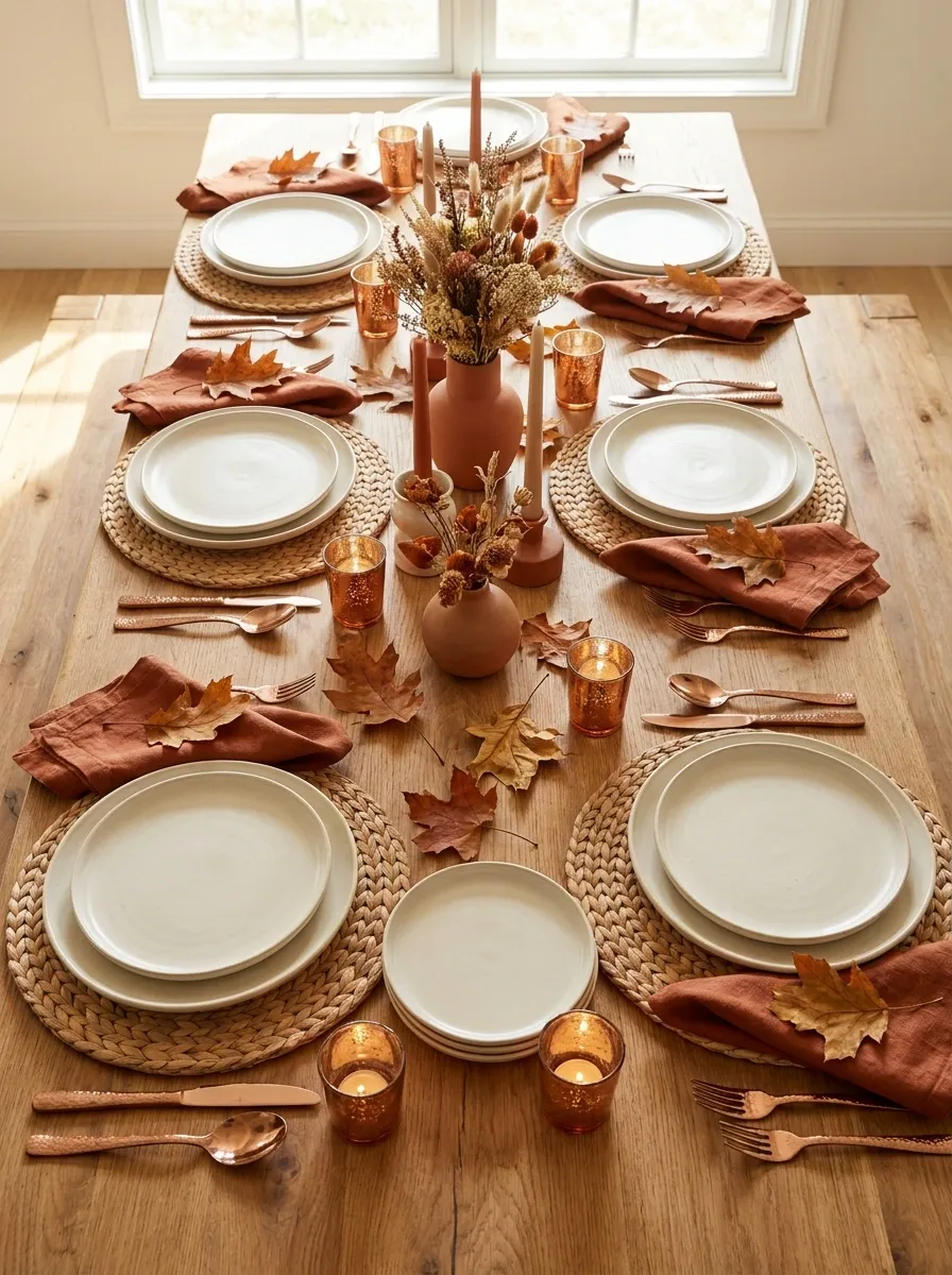 Copper and Terracotta Thanksgiving Tablescape With Warm Ceramics