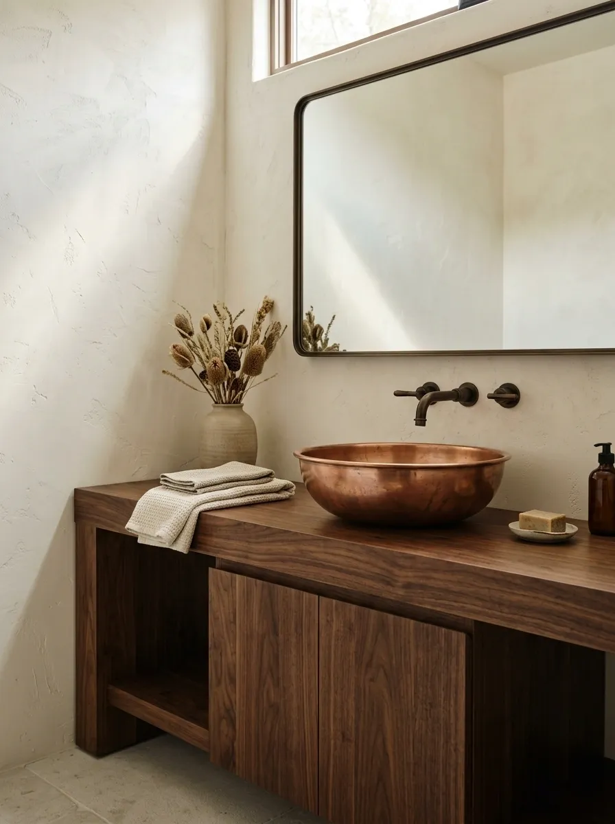 Copper and Walnut Bathroom With Burnished Western Warmth