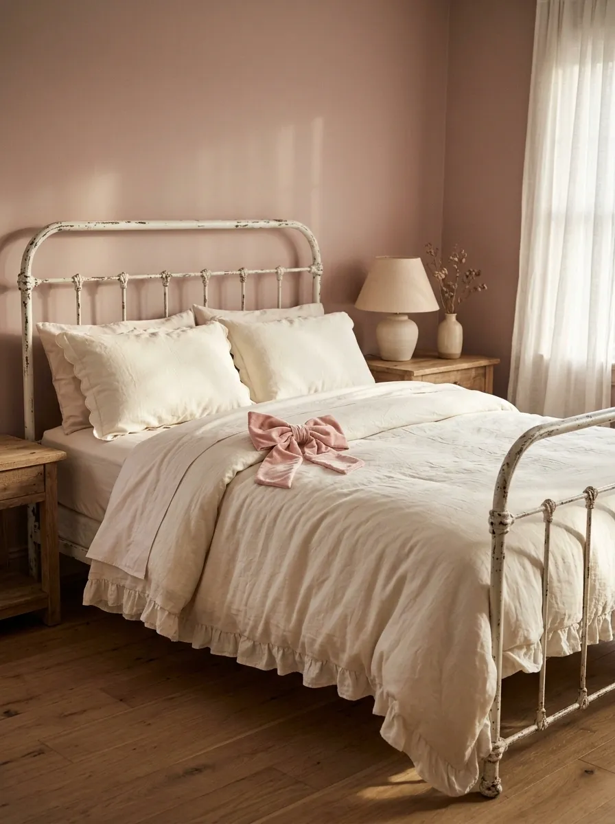 Coquette Bedding With Blush Bows and Ivory Ruffles