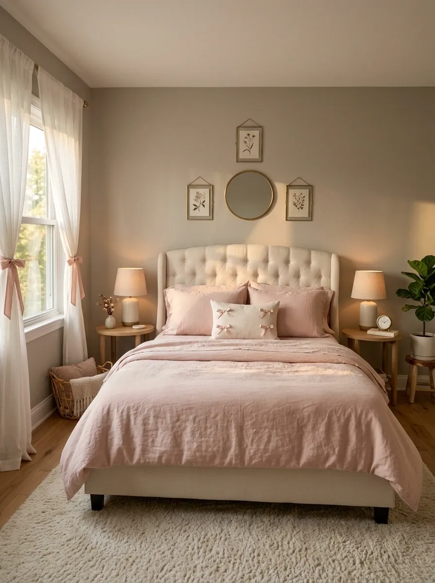 Coquette-Inspired Bedroom With Bow Details and Soft Cream Furniture