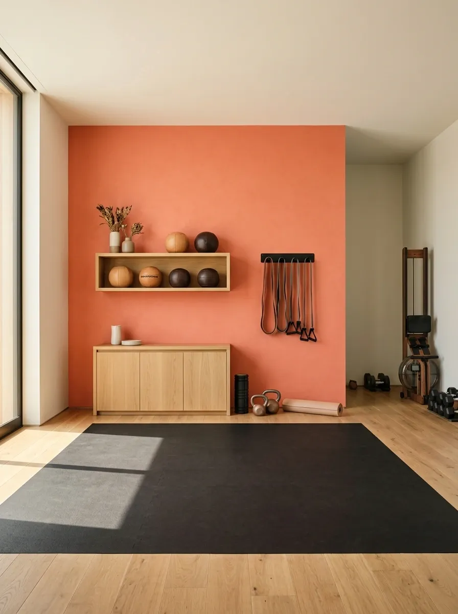 Coral HIIT Room With Warm Neutral Surrounds